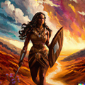DALL·E 2022-11-23 18.03.16 - Fantasy oil painting of a dark-skinned greek goddess with long hair standing on a meandering path wearing leather armor. The sky is an explosion of c.png